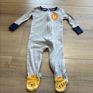 Absorba Gray One-Piece Footed Pajamas with Navy Trim & Yellow Lion Details
